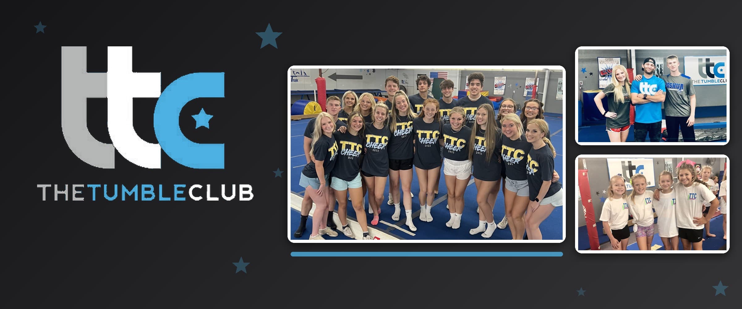 The Tumble Club logo beside photos of the TTC Cheer group in TTC Cheer tees, three TTC staff under the ttc banner and four girls in TTC tees